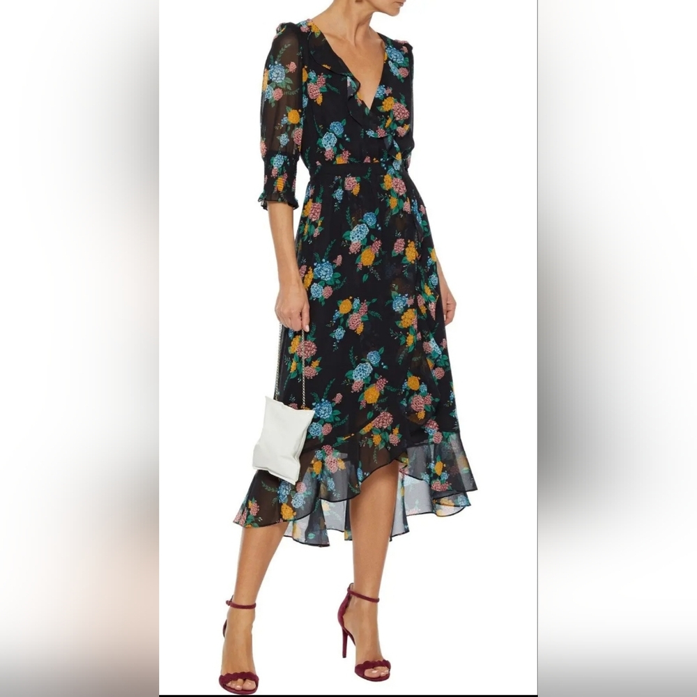 RACHEL ZOE Wrap-Effect Floral Print Chiffon Midi Dress. Size Large. NWT